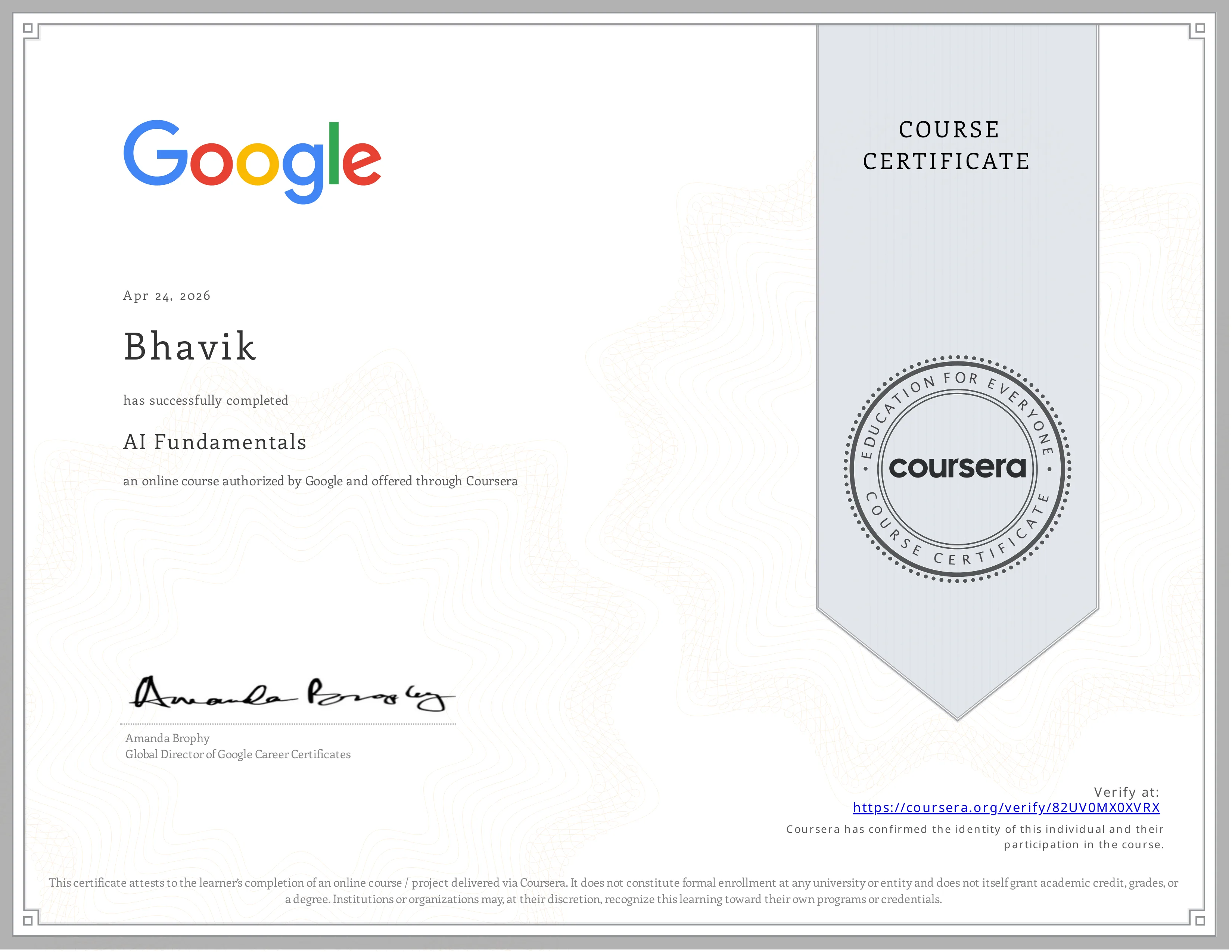 Google AI Fundamentals Certificate